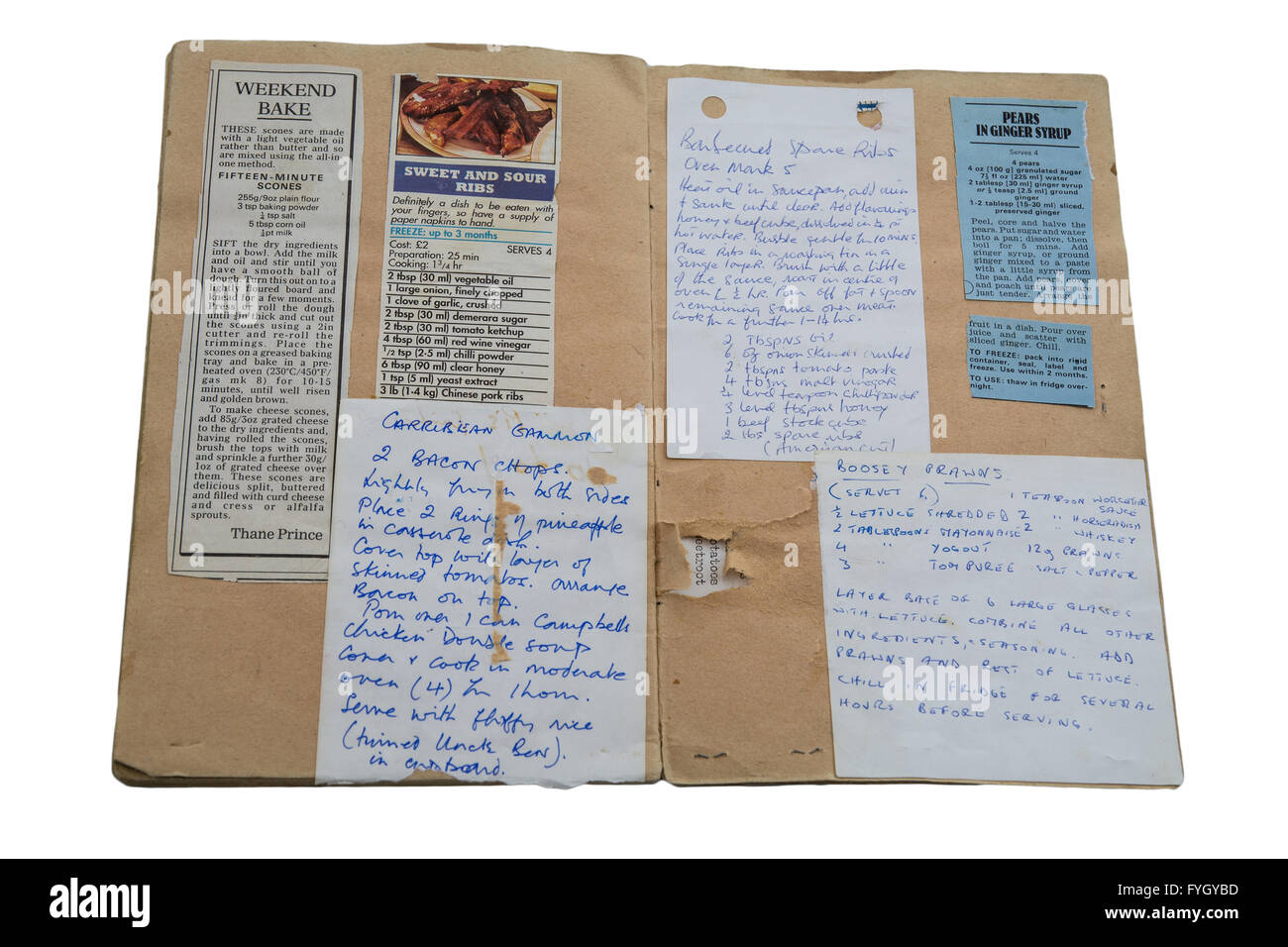 Schwartz scrap book full of antique recipe cuttings. Stock Photo