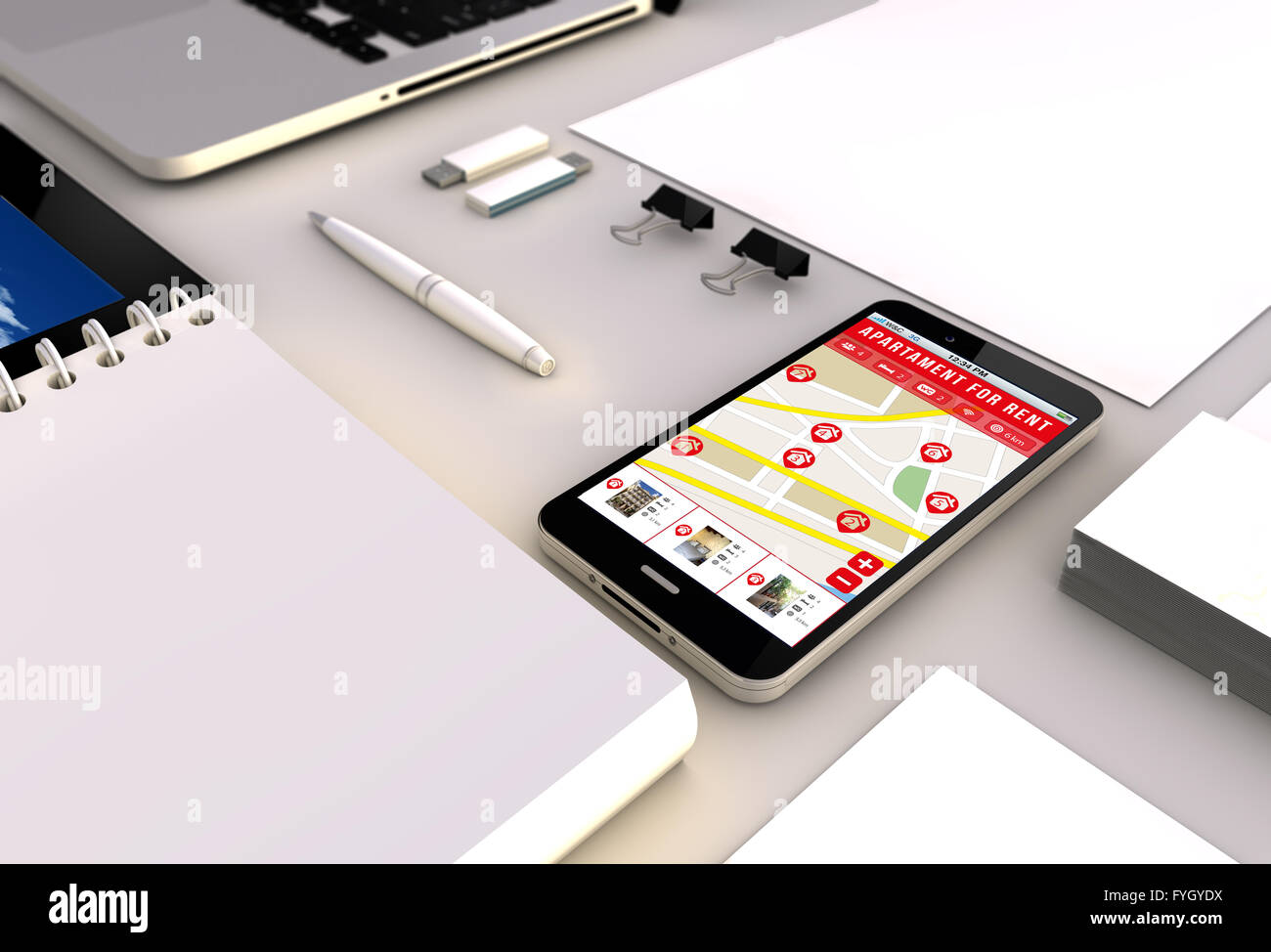 moving concept: close up view of a 3d generated touchscreeen smartphone with apartment for rent search app on the screen. Screen Stock Photo