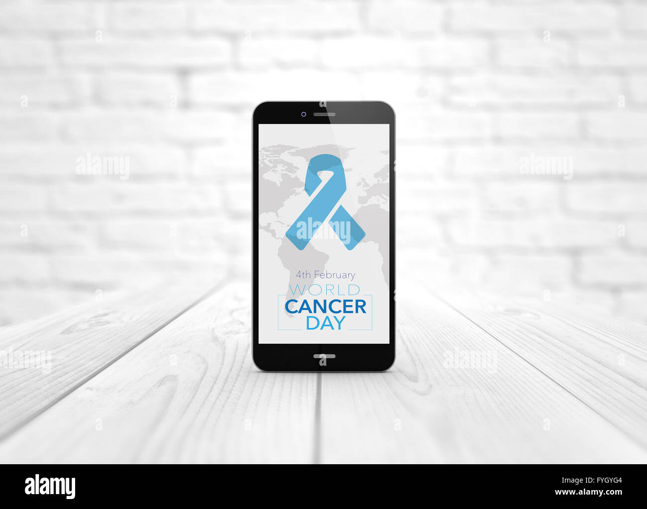 health concept: digital generated smart phone over wooden table with World Cancer Day background. All screen graphics are made u Stock Photo