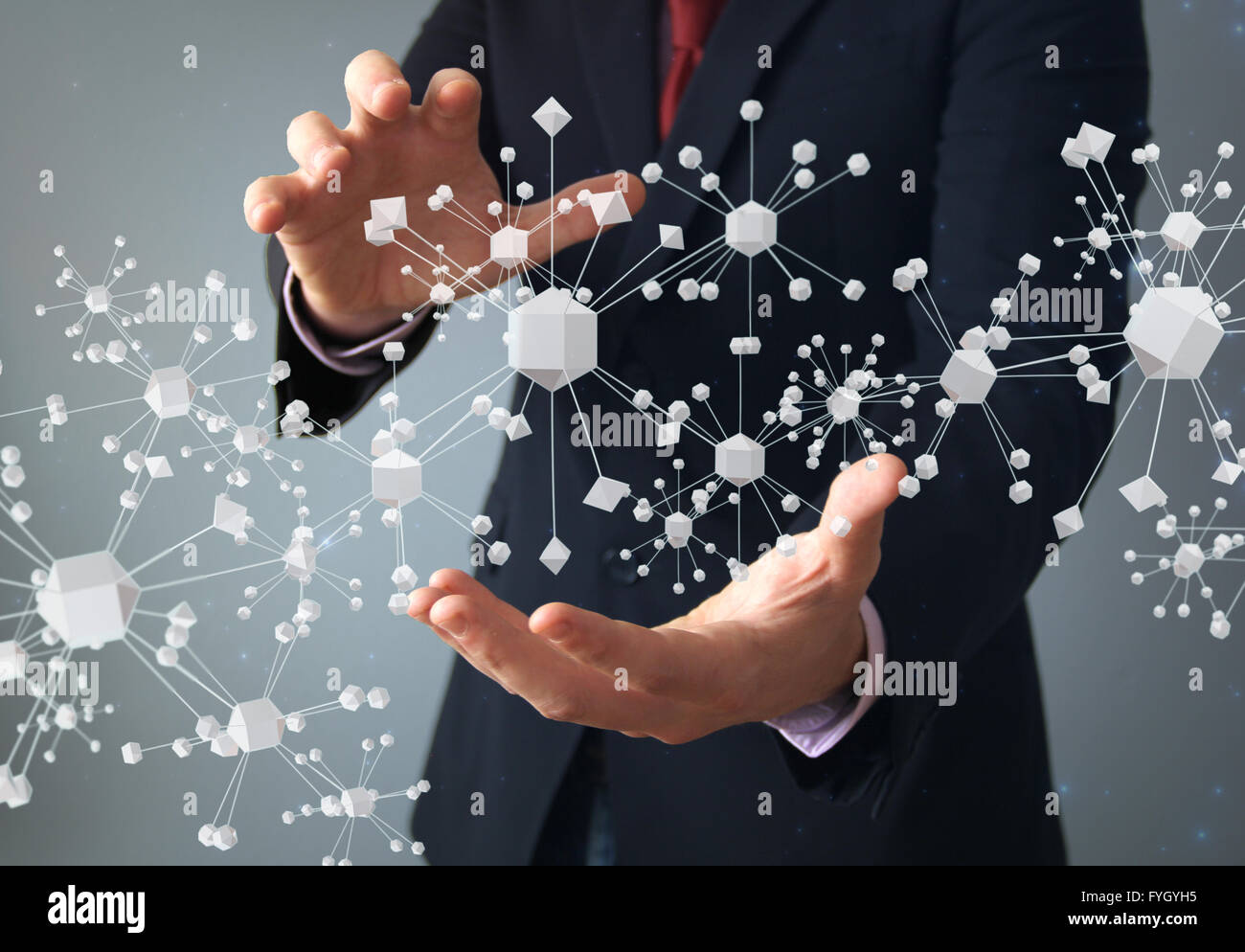 physics or connection concept: businessman with molecular structure on hands Stock Photo