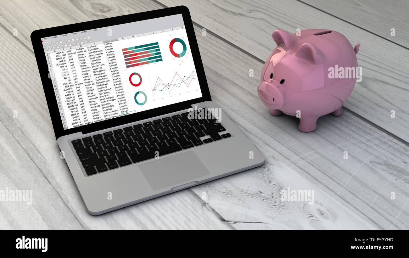 finances concept: piggybank and spreadsheet laptop over wooden desk. All screen graphics are made up Stock Photo