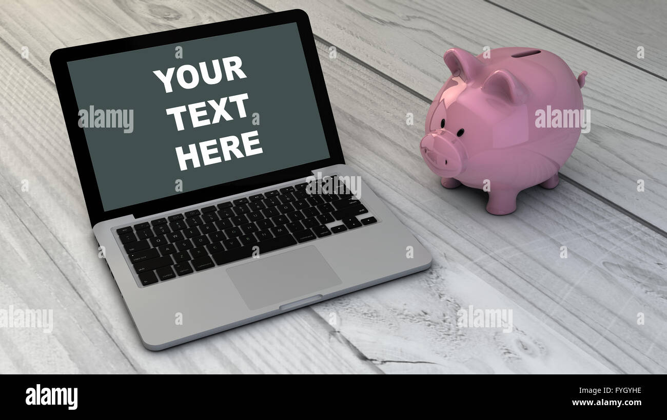 piggybank and finances laptop over wooden desk. All screen graphics are made up Stock Photo
