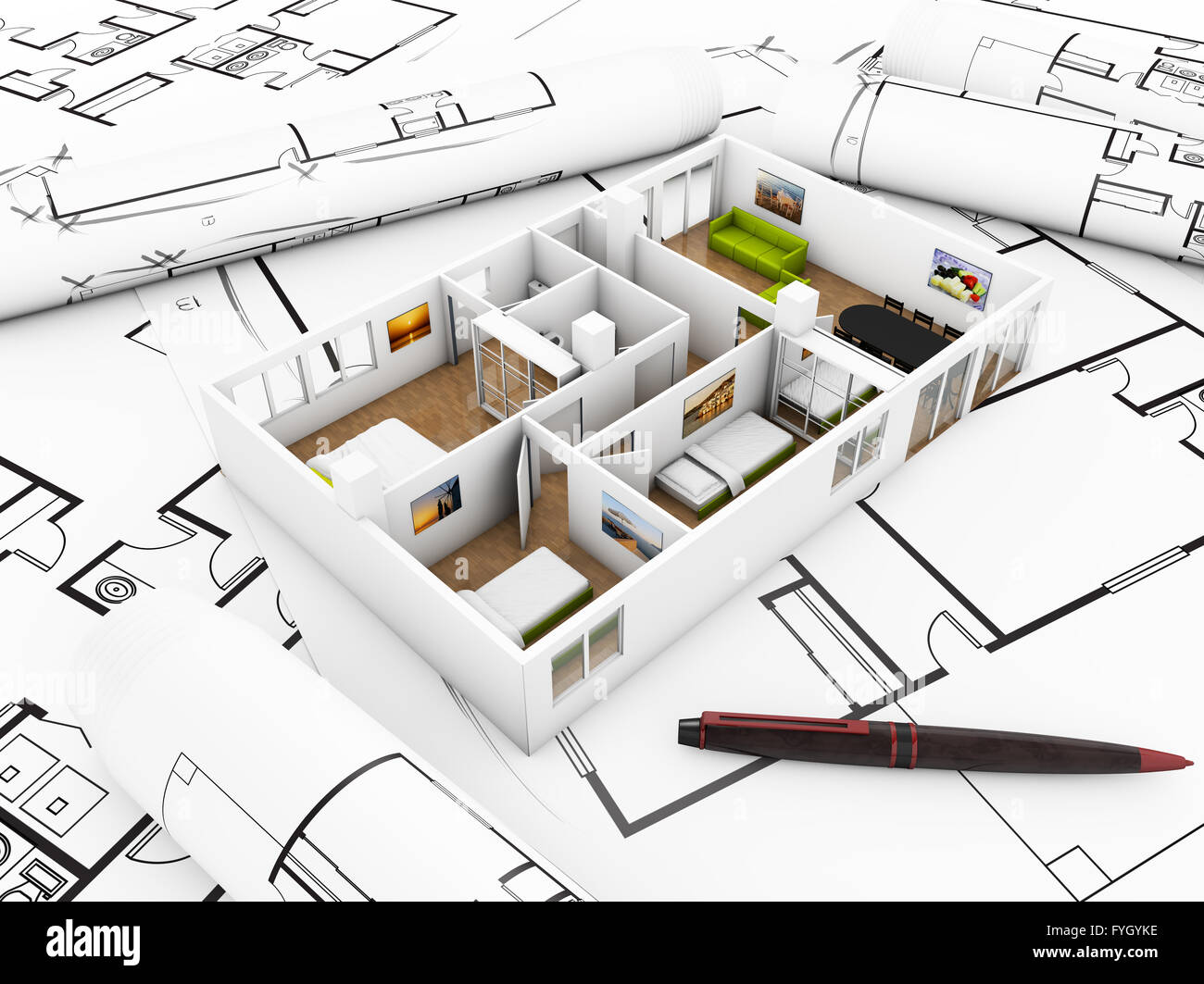 a flat mockup over plots, interior design concept Stock Photo - Alamy