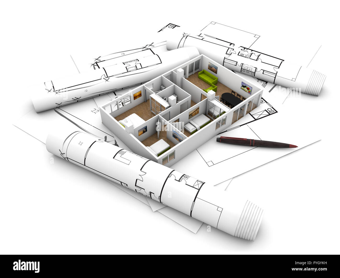 interior design concept: apartament mock-up over plots and architecture draws isolated on white background Stock Photo