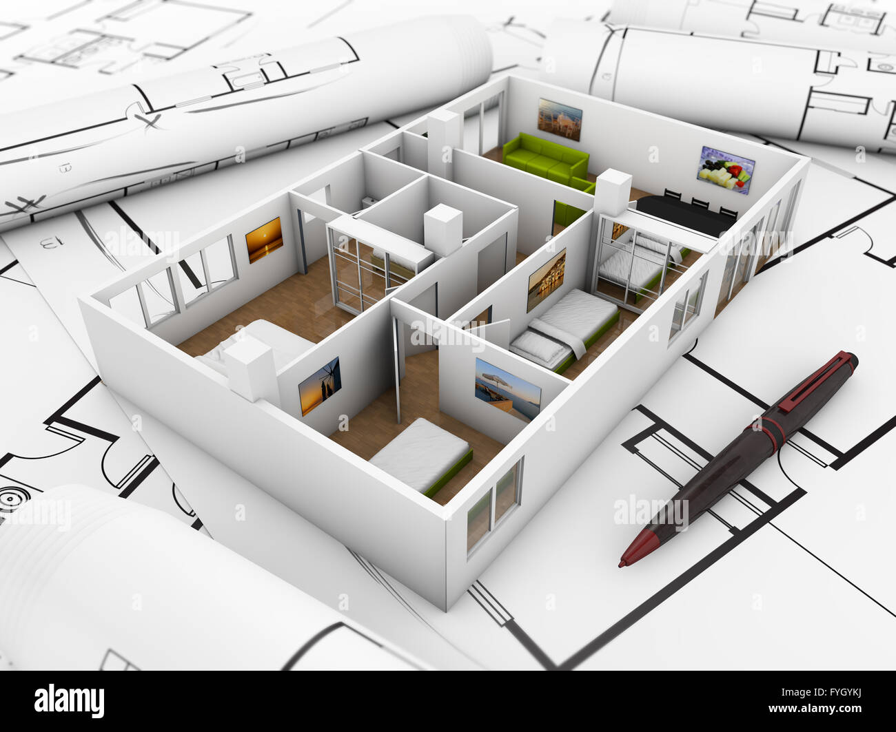 interior design concept: mock-up flat over technical draws Stock Photo ...