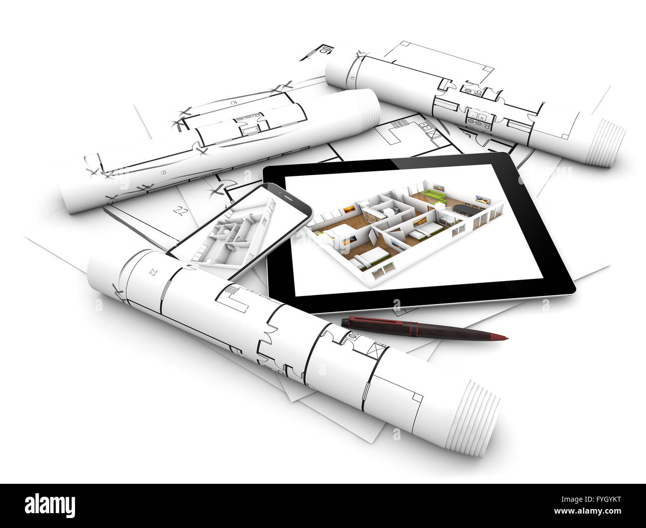 modern design concept: render of a tablet and smartphone with flat project on the screen over plots and architectural draws isol Stock Photo