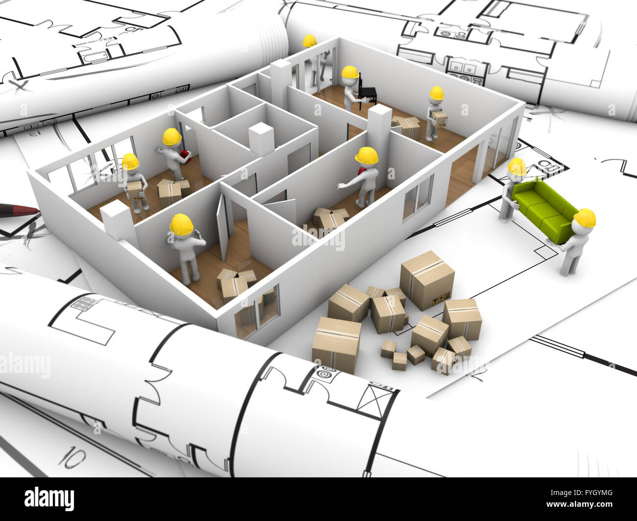 house moving and rehabilitation concept: mock-up flat with workers over plots and technical draws Stock Photo