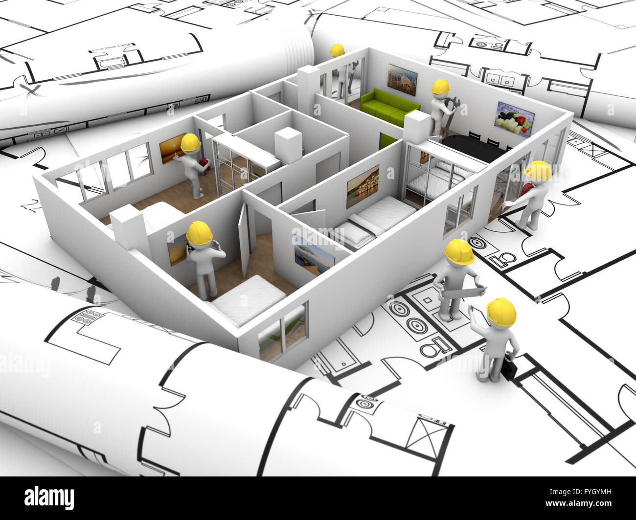 house refurbishing concept: house mock-up with workers over plots and technical draws Stock Photo