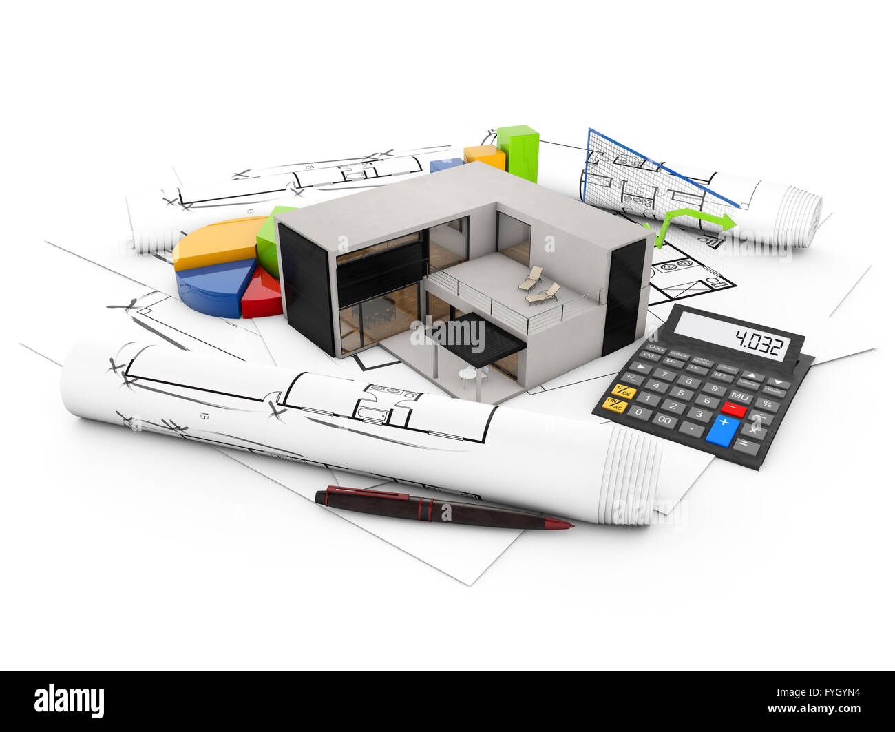 architecture finances concept: concrete house over plots with graphics and a calculator isolated on white background Stock Photo