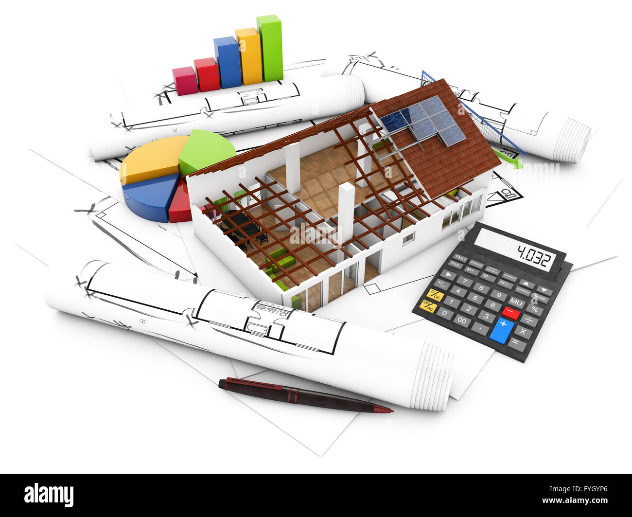 real estate accounting concept: house structure with graphics and calculator over architectural draws Stock Photo