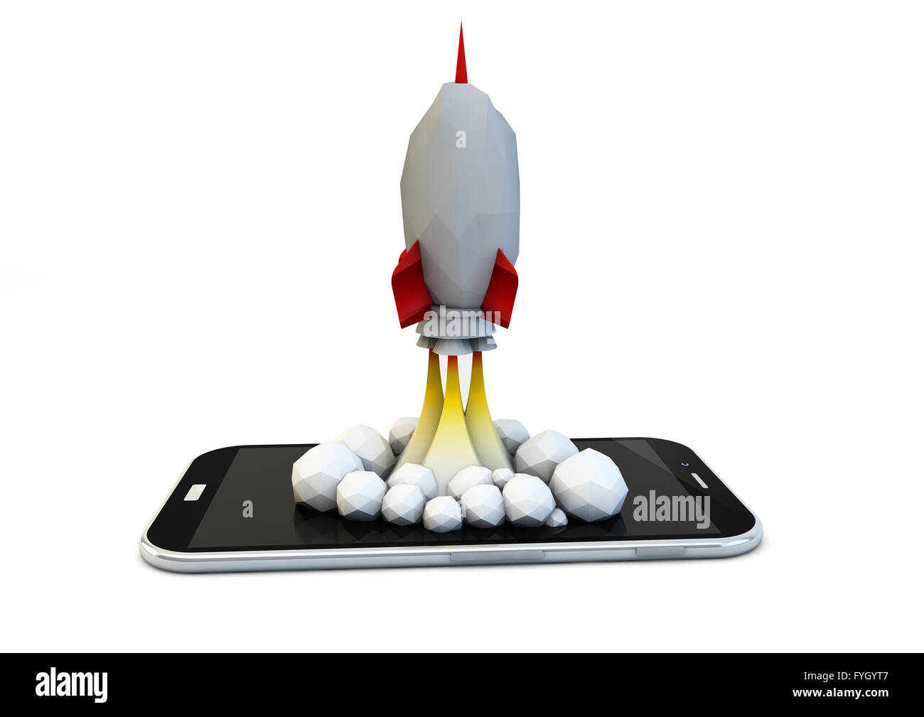 render of a rocket over a smartphone, launch concept Stock Photo