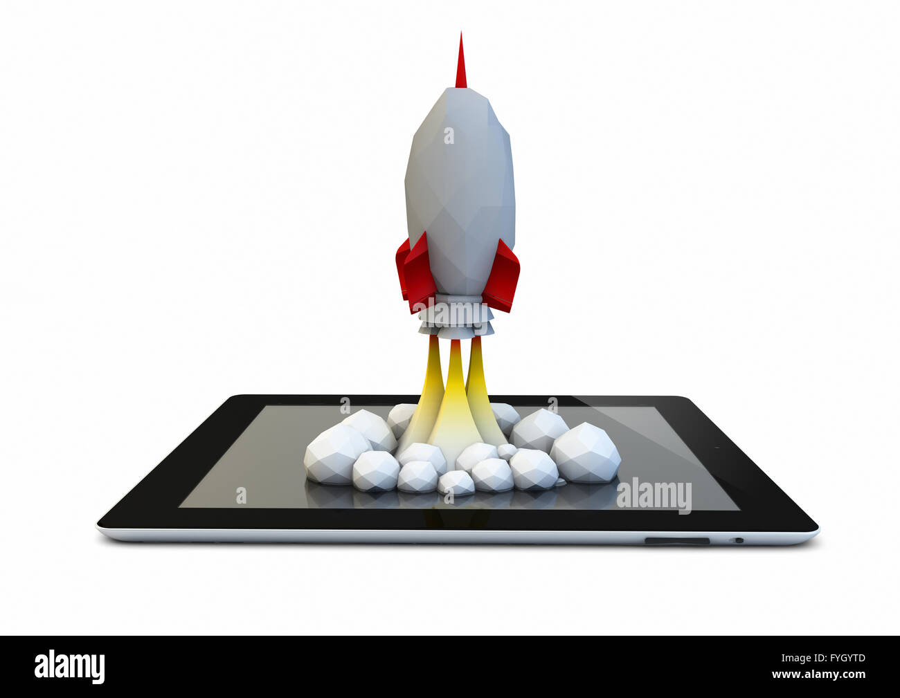 render of a rocket over a tablet pc, launch concept Stock Photo