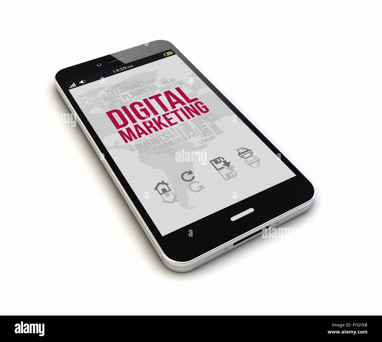 render of an original smartphone with digital marketing on the screen Stock Photo
