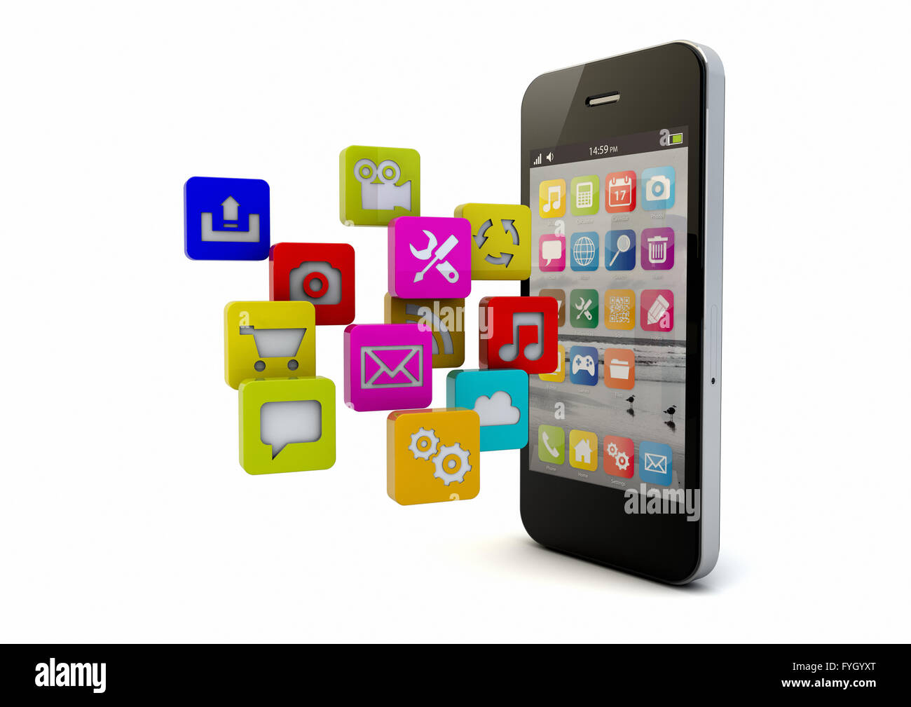render of an smart phone and apps Stock Photo