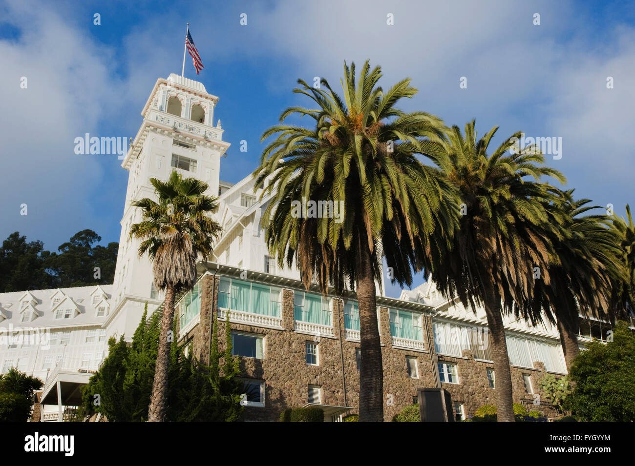 Claremont Hotel and Resort, Historic Hotel at dusk with Palm Trees, Berkeley, California USA Stock Photo