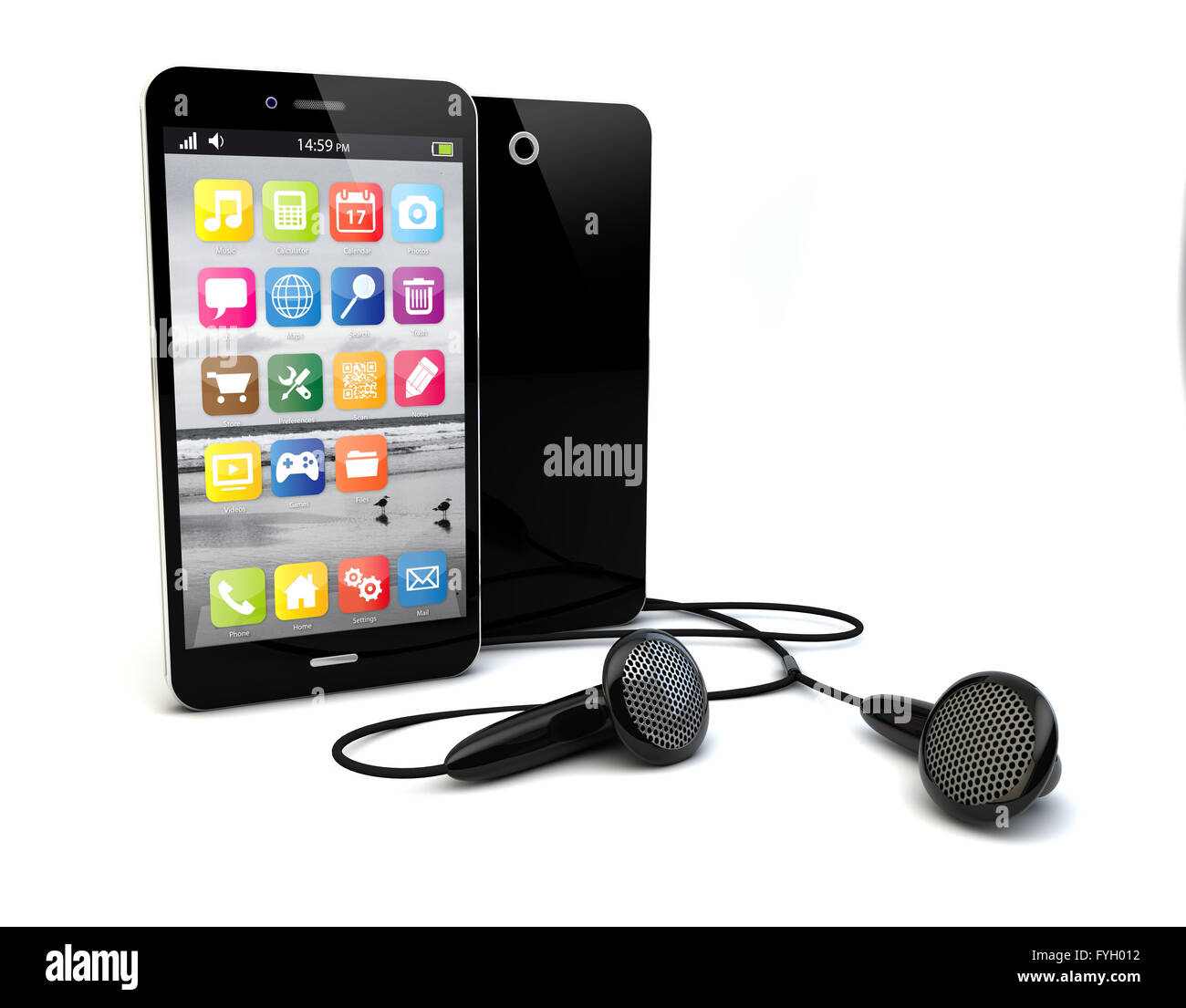 render of a smartphone and earphones Stock Photo