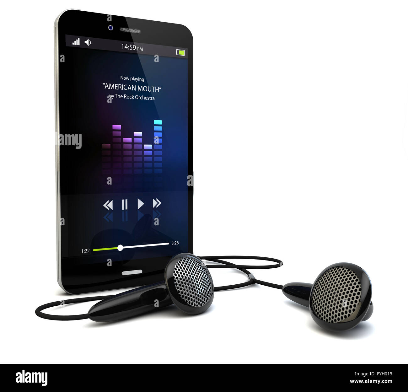 render of a smartphone with a music app on the screen and earphones Stock Photo