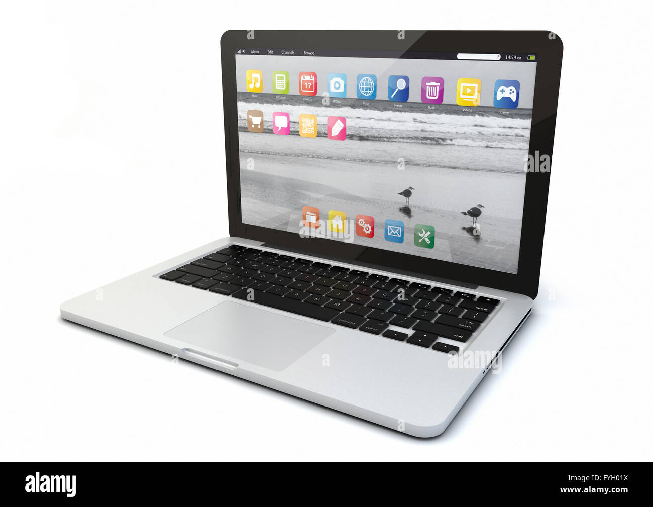 render of a computer with apps on th screen Stock Photo