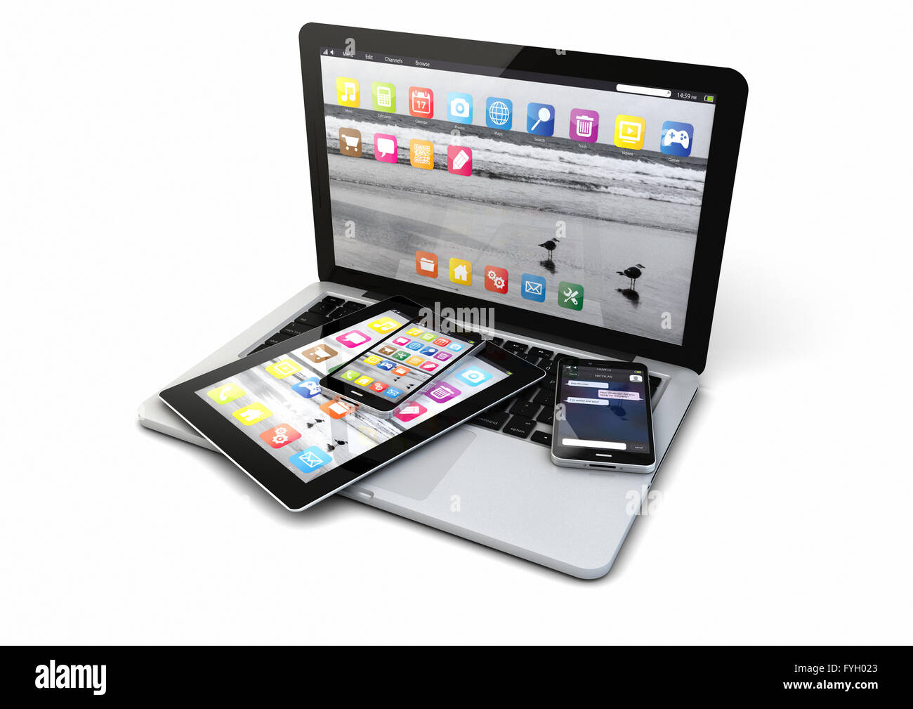 render of a laptop, smartphones and tablet pc Stock Photo