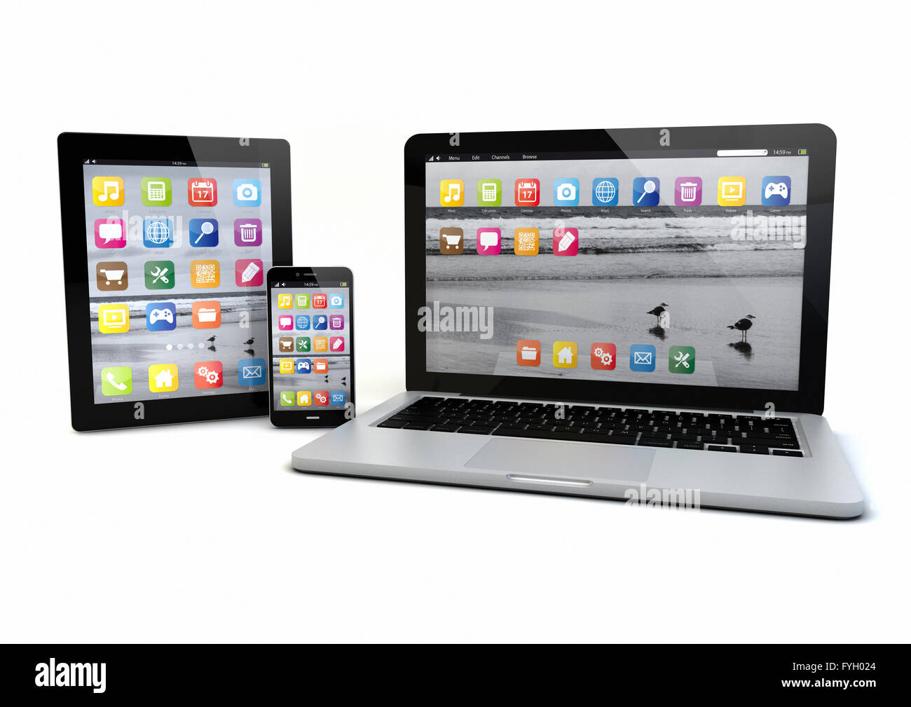 render of a laptop, smatrp phone and tablet pc Stock Photo