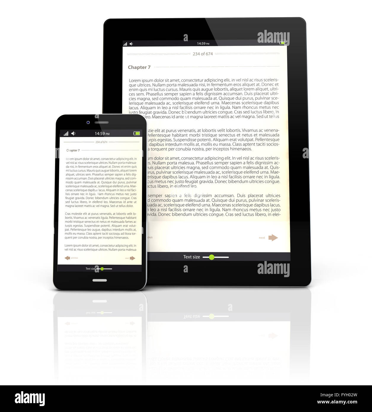 render of a tablet pc and a smart phone with an ebook app on the screen Stock Photo