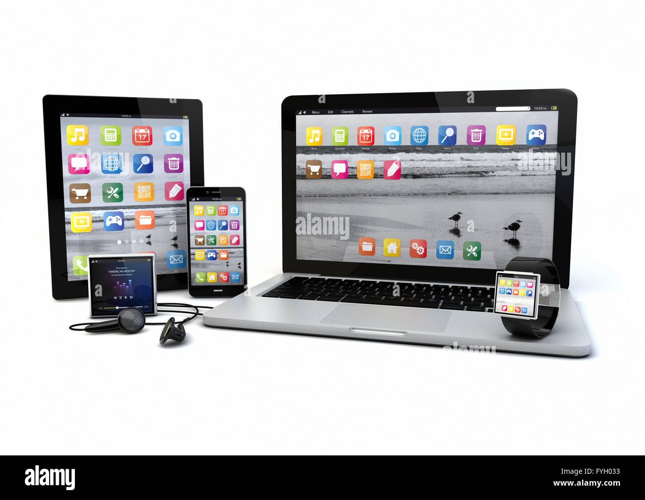 render of a group of gadgets: tablet pc, smart phone, laptop, smart watch and media player. Stock Photo