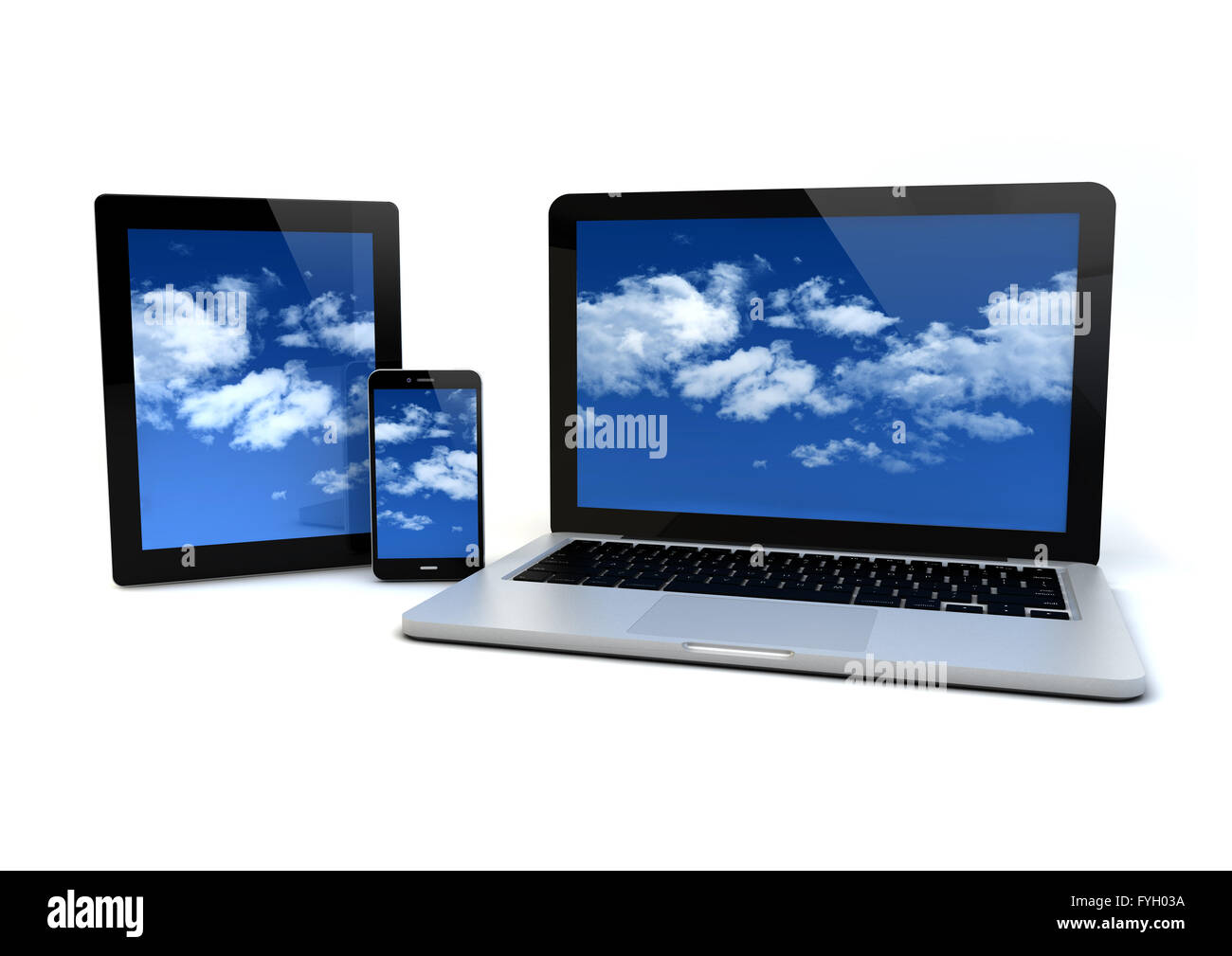 render of an smartphone, a tablet pc and a computer with a sky wallpaper on  the screen Stock Photo - Alamy