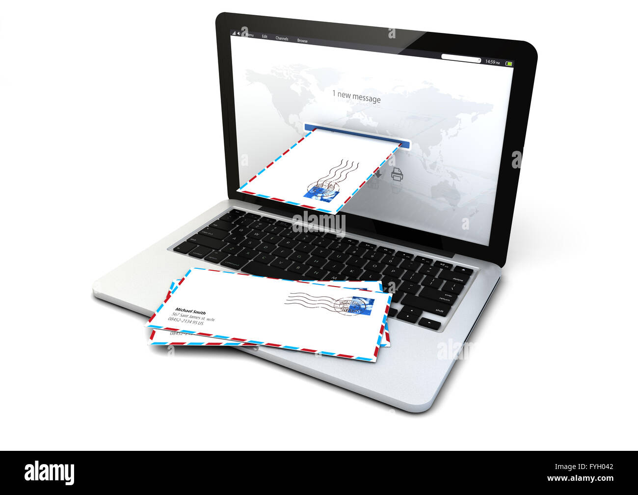 render of a laptop receiving email Stock Photo