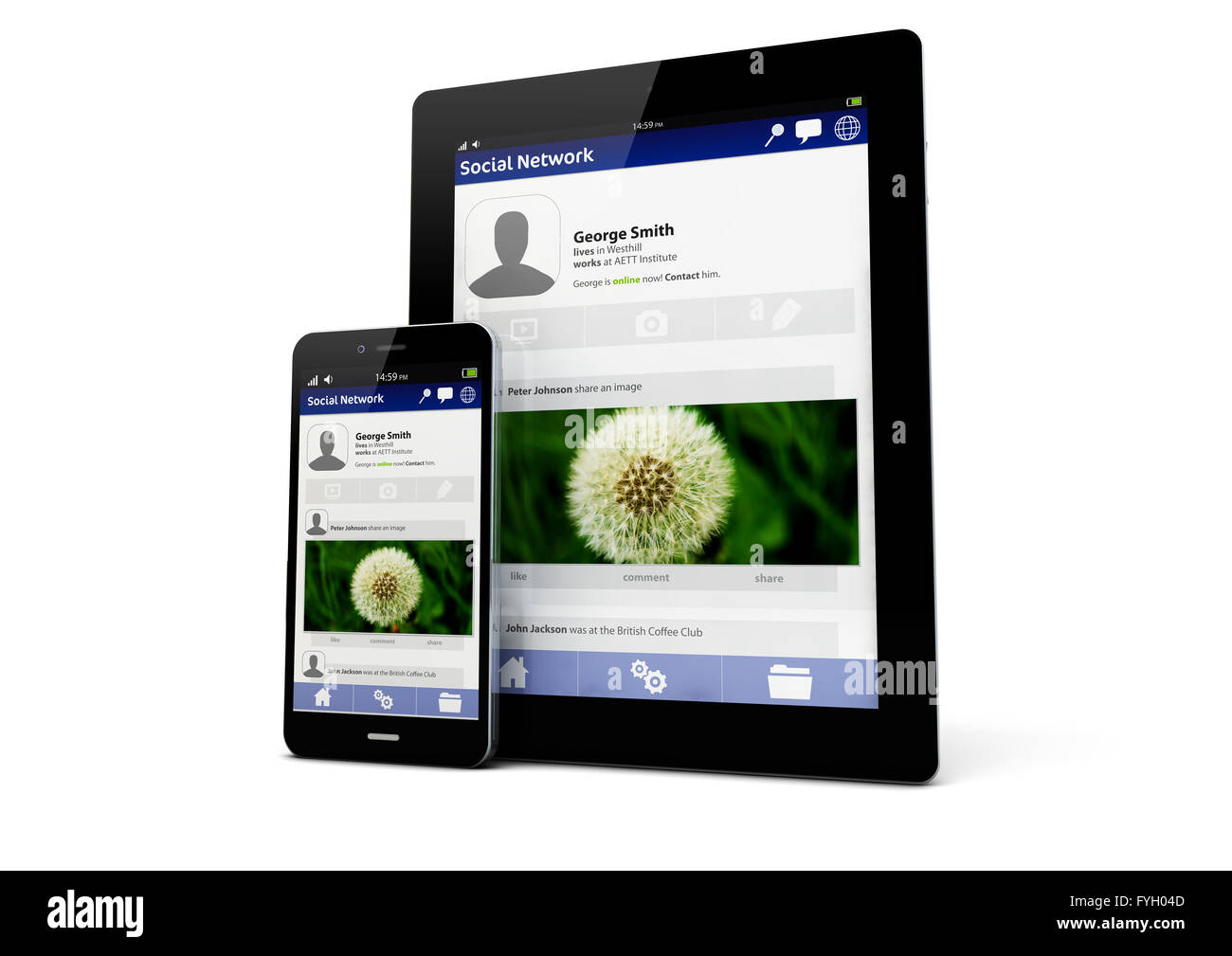 render of tablet and smartphone with a social network app on the screen Stock Photo