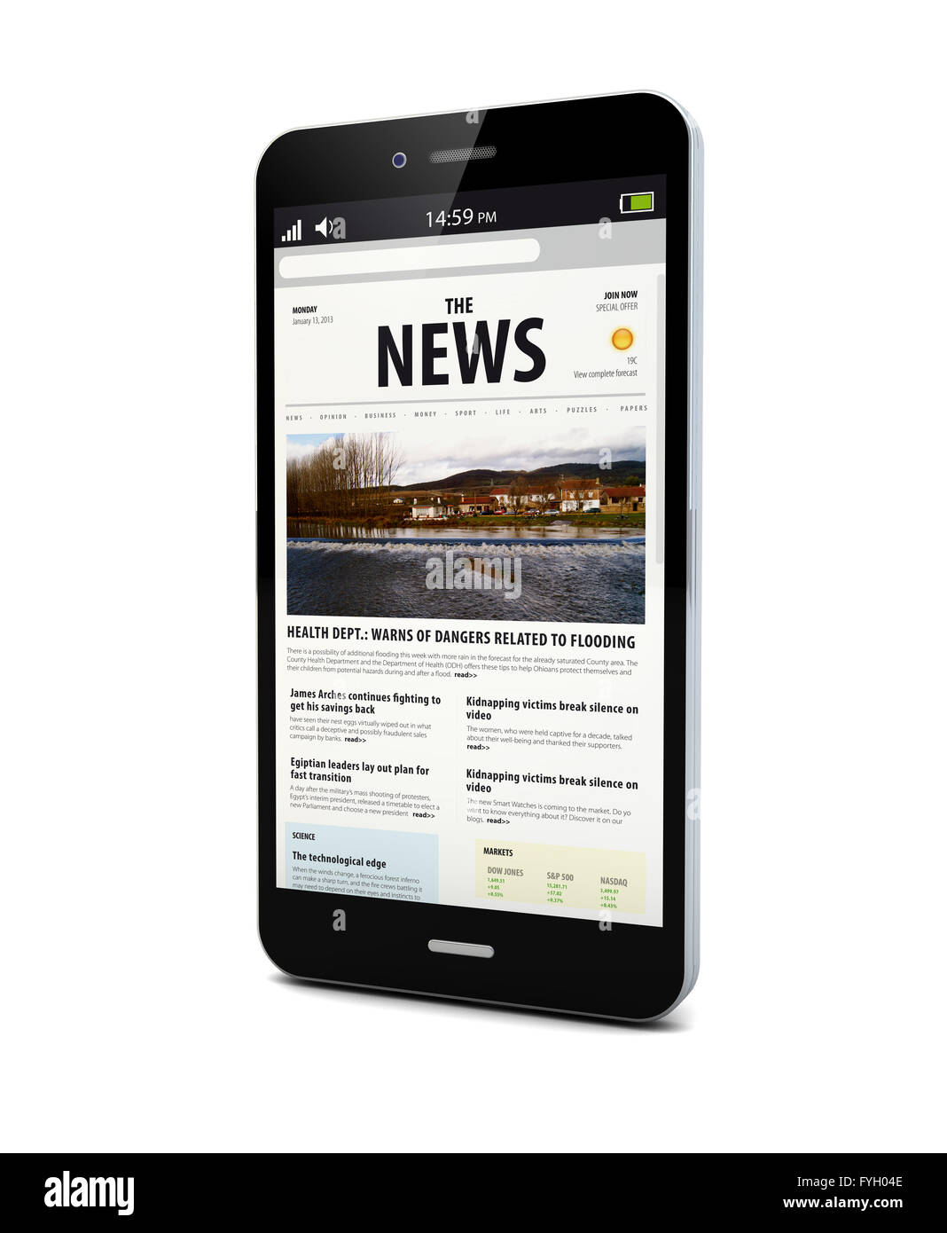smartphone render with a news page on the screen Stock Photo