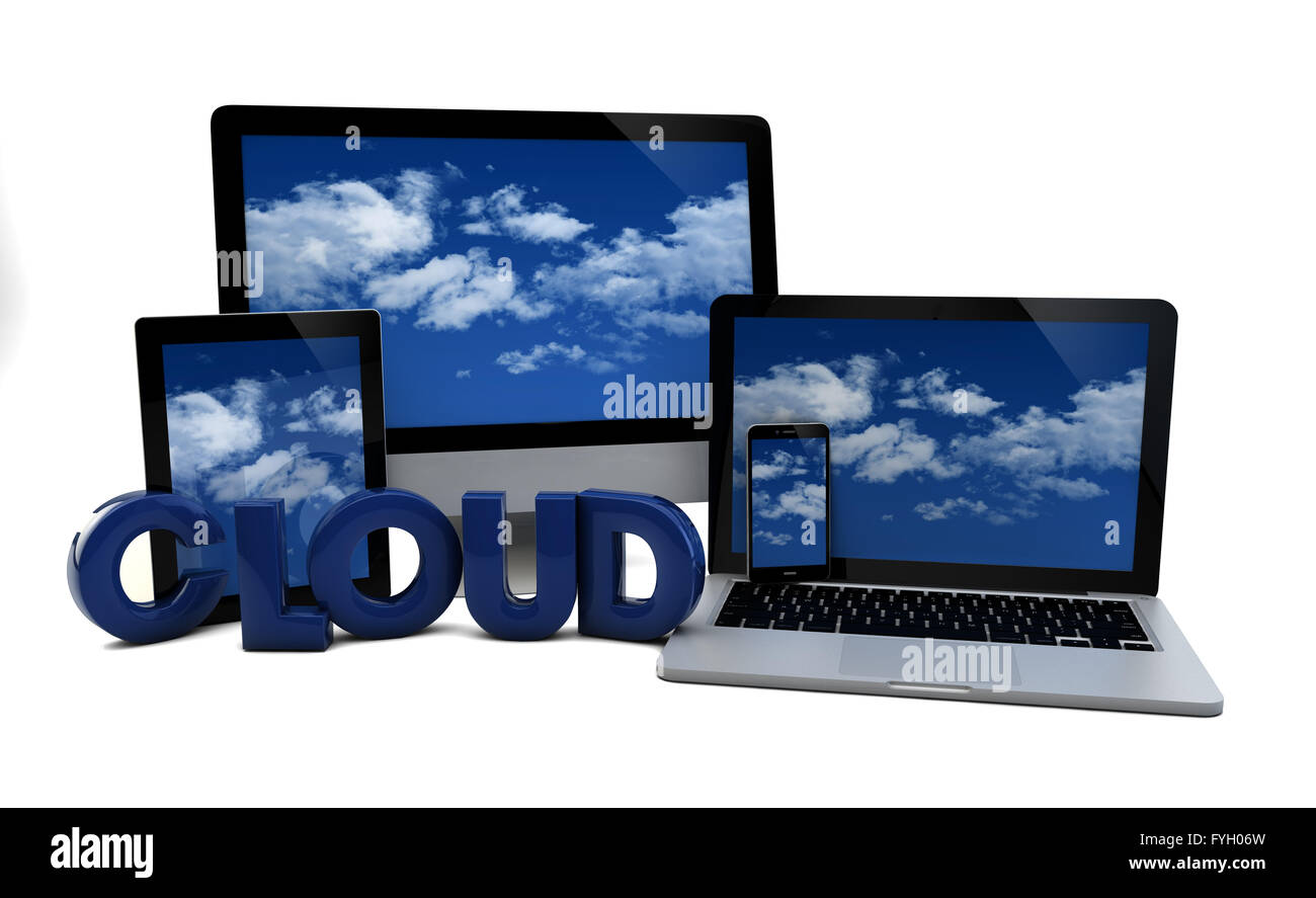 render of computer, phone, laptop and tablet pc with the word cloud Stock Photo