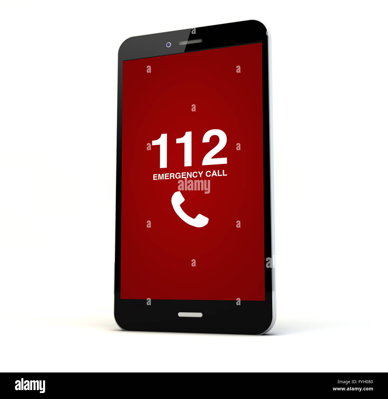 render of a phone with emergency call on the screen isolated. Screen graphics are made up. Stock Photo
