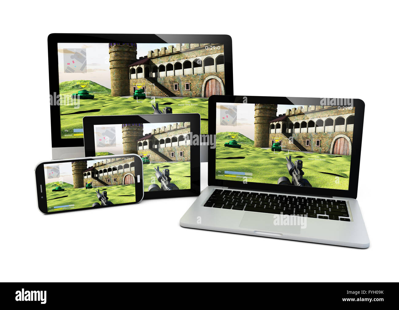 render of laptop, computer, tablet and smartphone with a shooter game on the screen Stock Photo