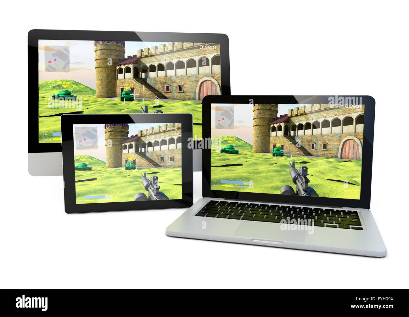 render of a tablet, laptop and a computer with a shooter game on the screen Stock Photo
