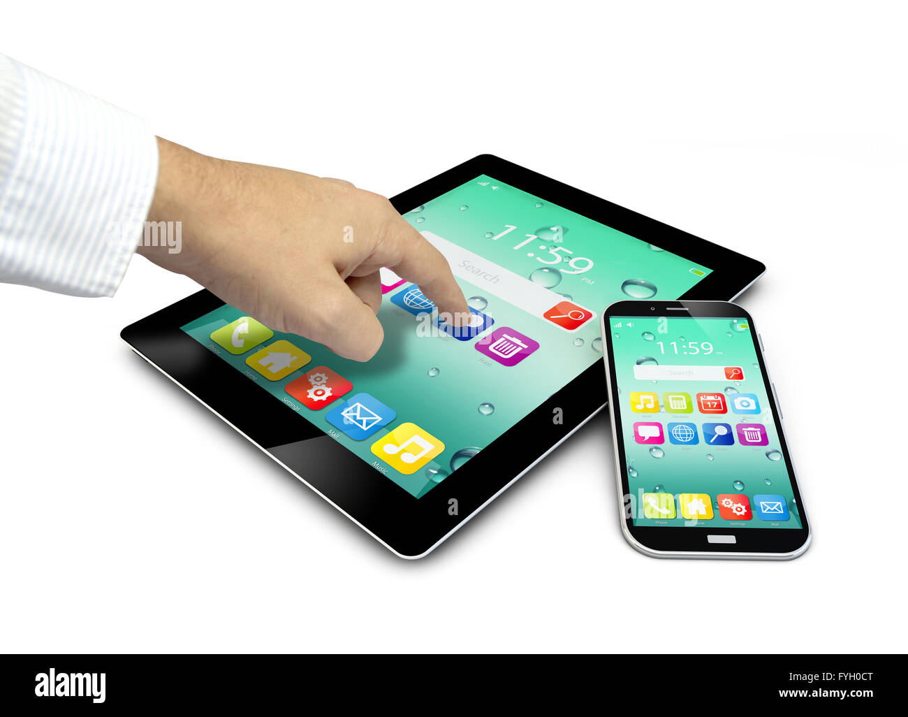 group of touchscreen devices with colorful interface with color icons and buttons and a hand touching the screen isolated on whi Stock Photo