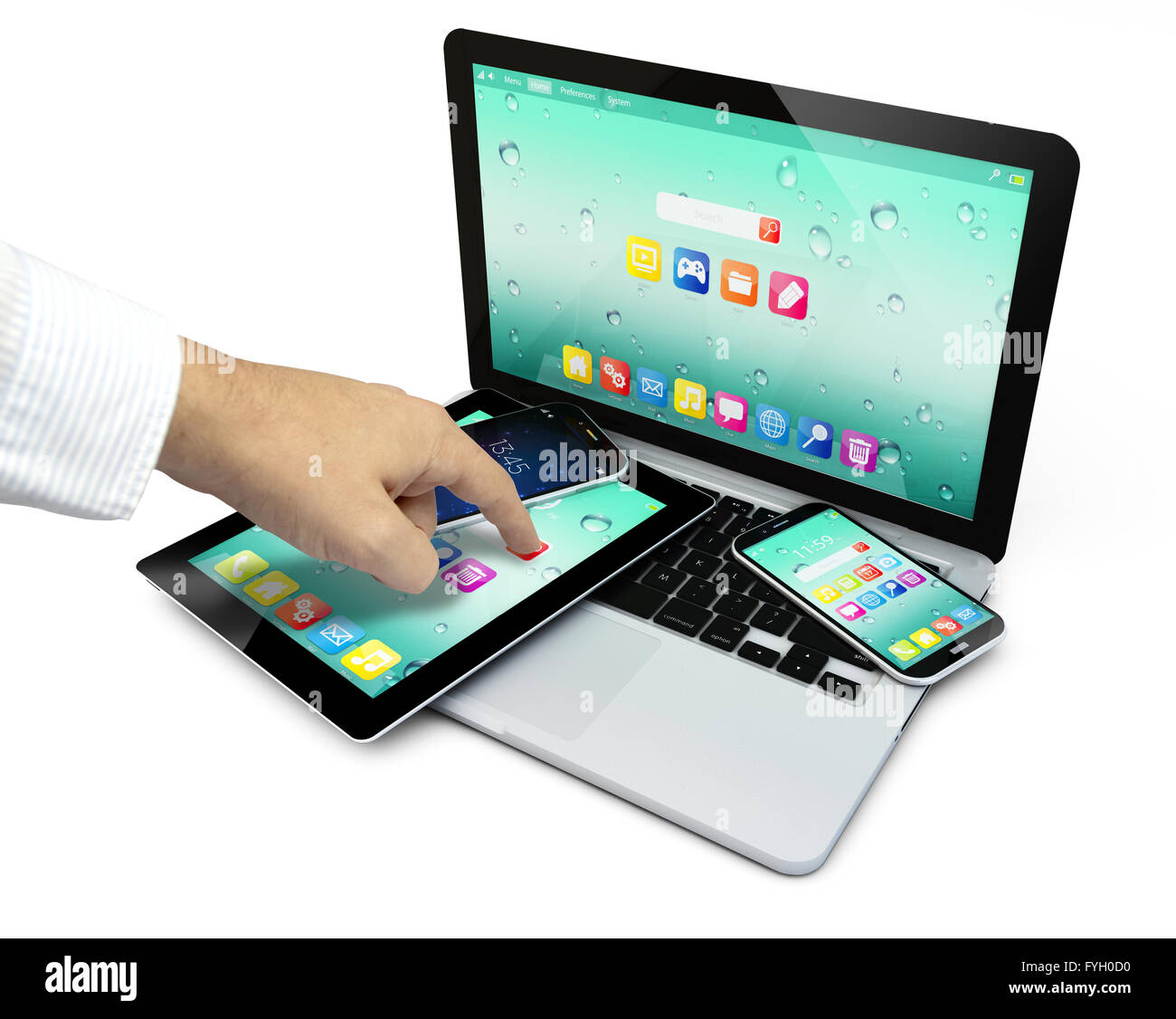 touchscreen tablet, computer laptop pc and smartphones with colorful interface with color icons and buttons and a hand touching Stock Photo