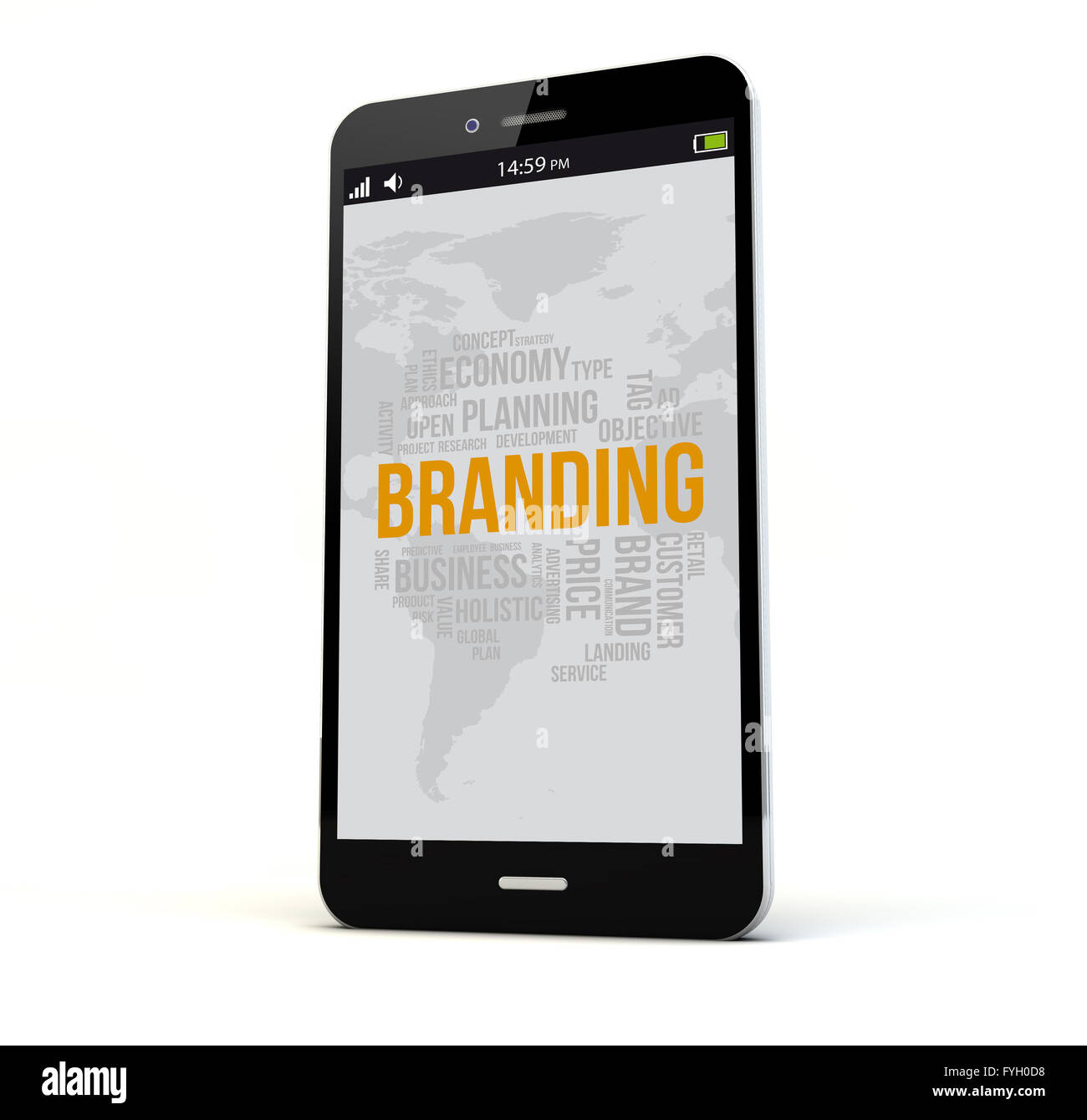 render of a phone with online mobile branding on the screen isolated. Screen graphics are made up. Stock Photo