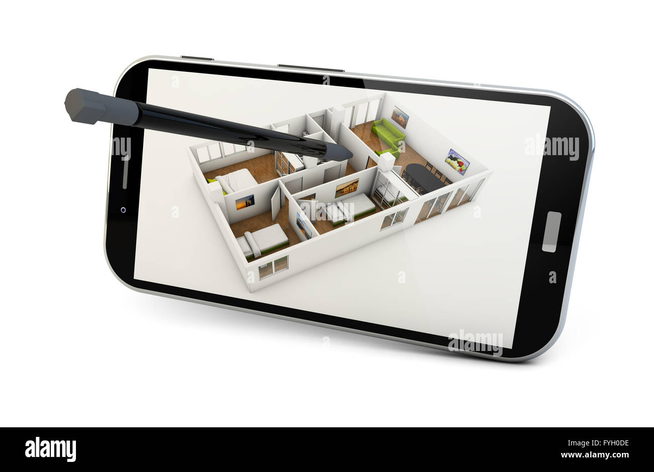 design app concept: smartphone render with a house structure on the screen isolated on white background Stock Photo