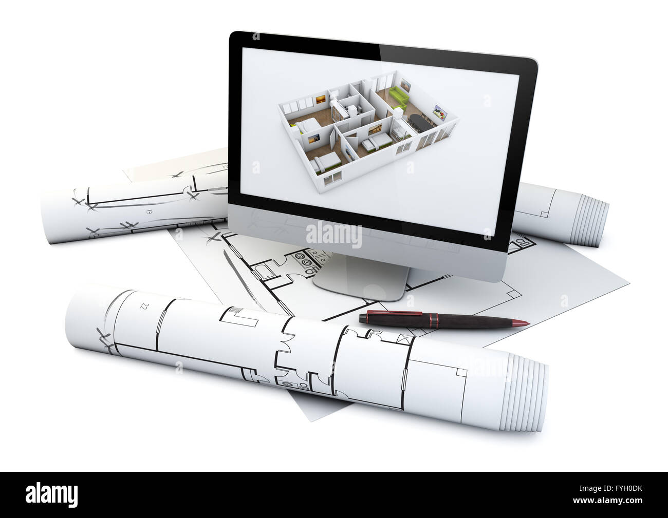 actual flat design concept: computer with a house plan on the screen over plots and architecture draws isolated on white Stock Photo