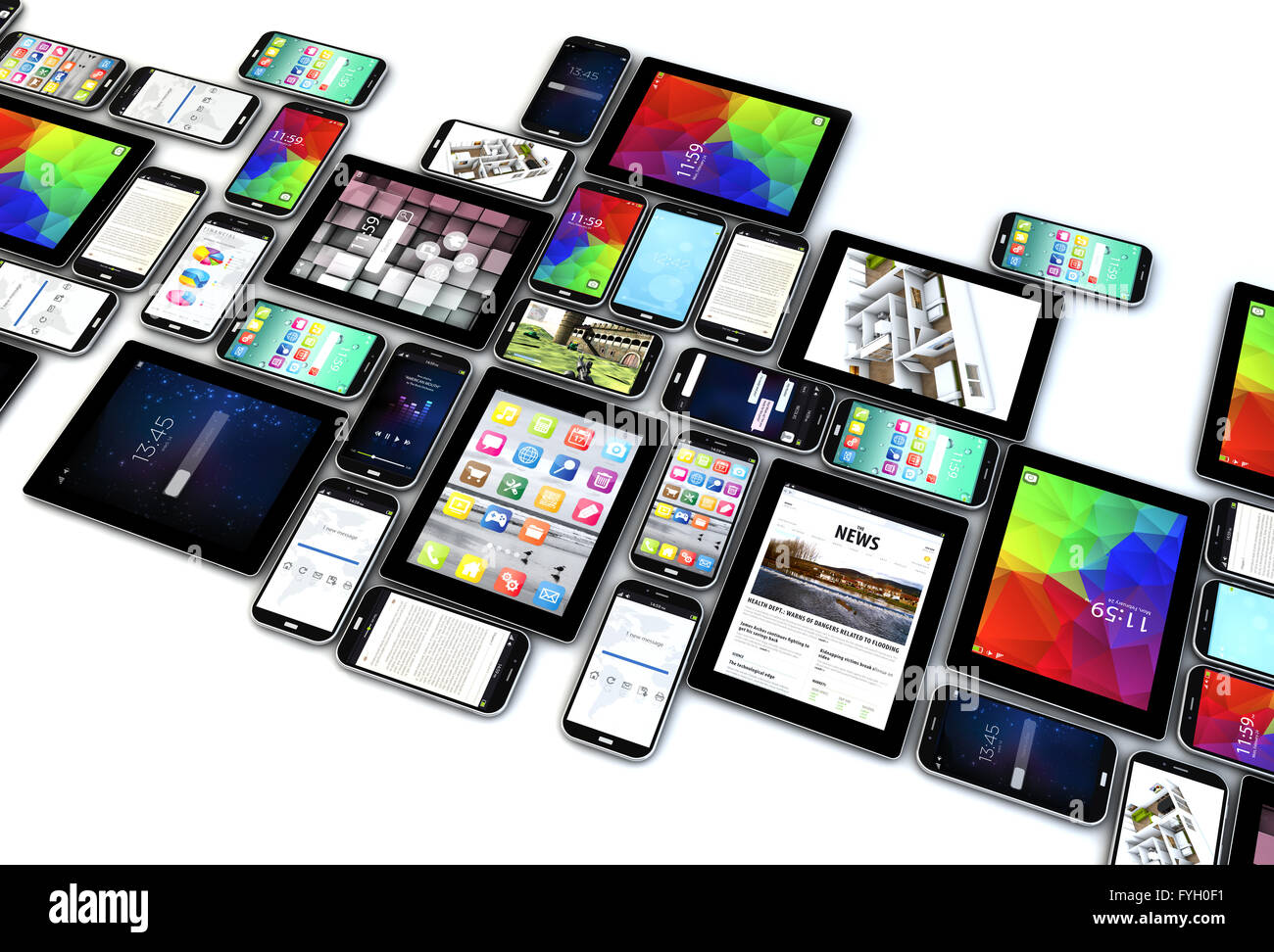 digital communication technology business concept: collection of tablet and smartphones with colorful interfaces isolated on whi Stock Photo
