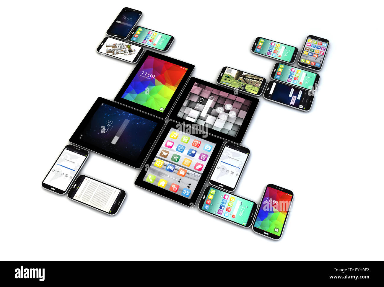 Mobility business concept: group of tablet computer PC and mobile phones with different apps isolated on white background Stock Photo