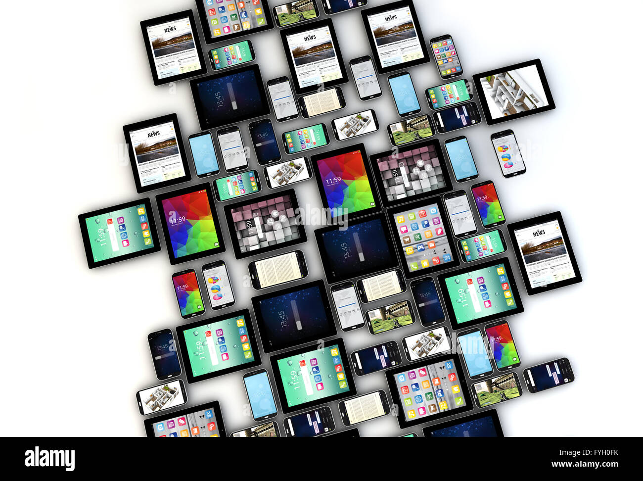digital communication technology business concept: collection of tablet and smartphones with colorful interfaces isolated on whi Stock Photo