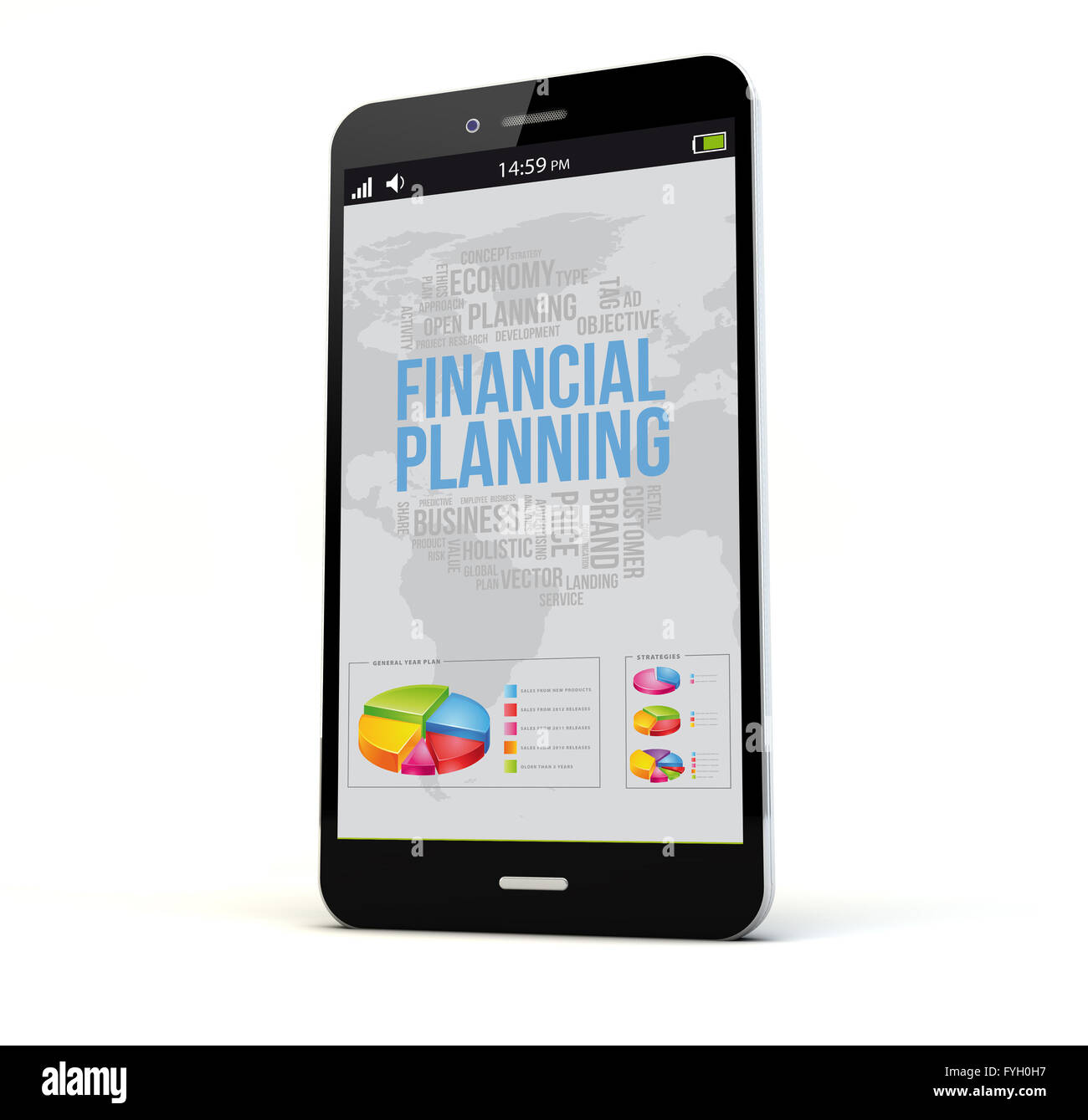 render of a phone with financial planning on the screen isolated. Screen graphics are made up. Stock Photo