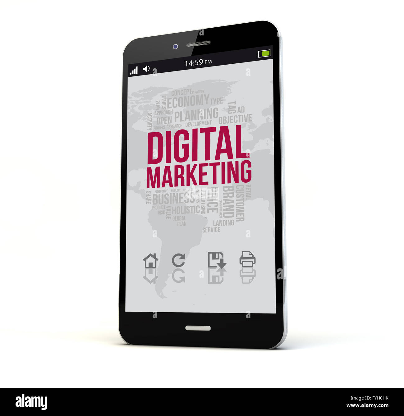render of a phone with digital marketing on the screen isolated Stock Photo