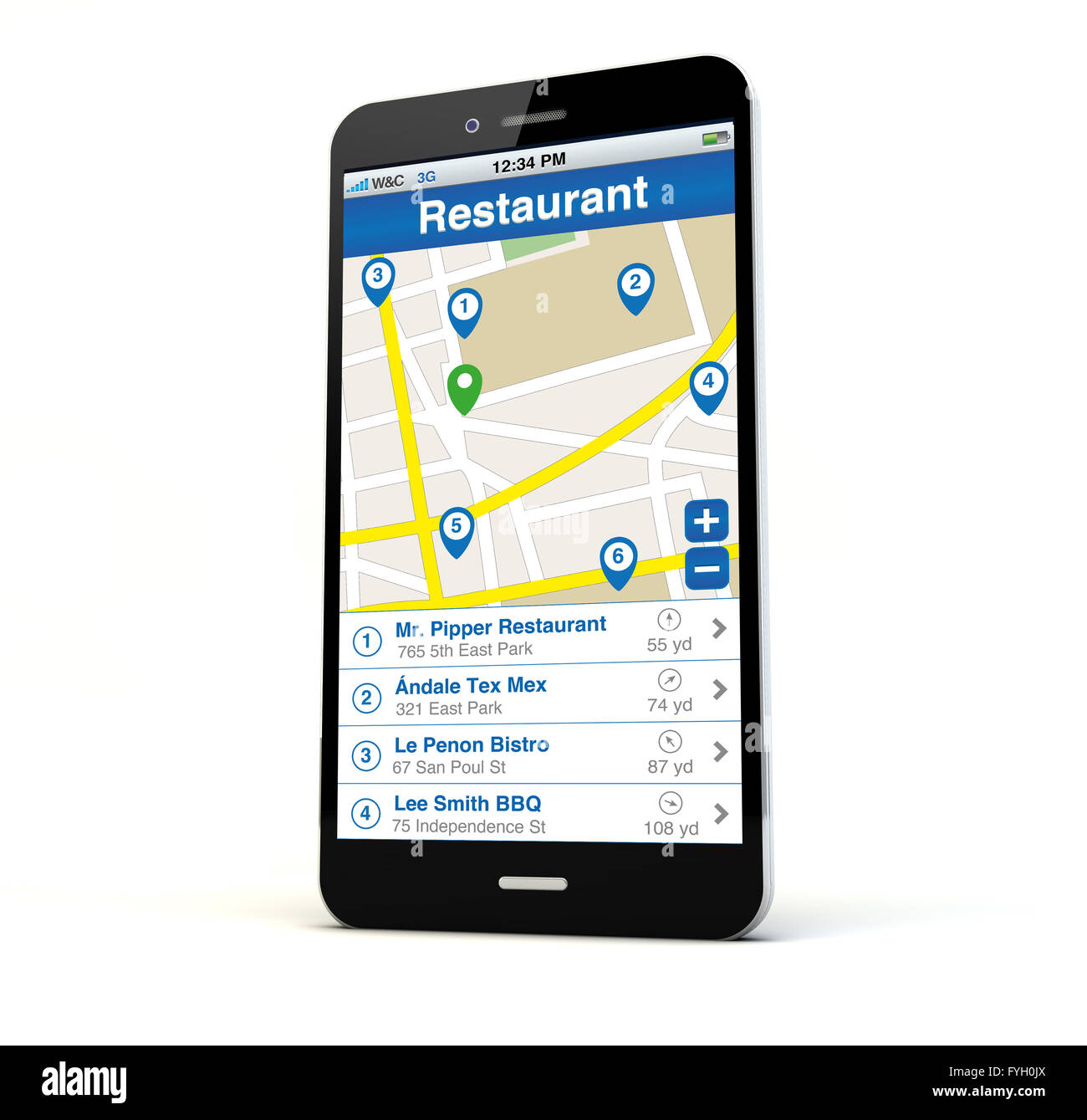 render of a phone with restaurant search app on the screen isolated. Screen graphics are made up. Stock Photo