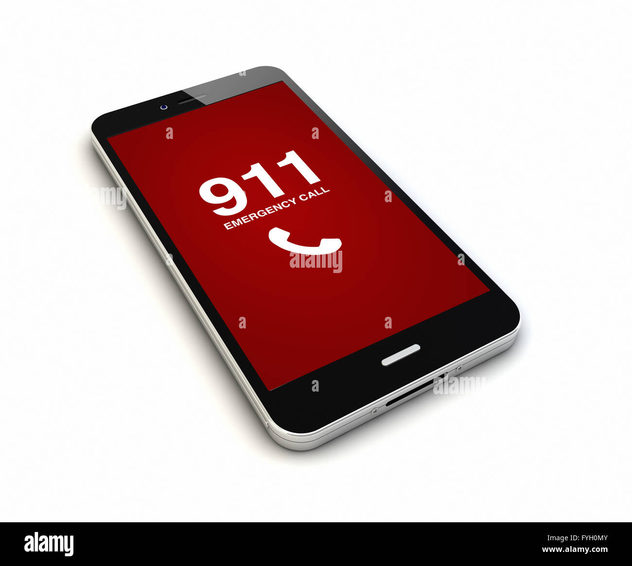 render of an original smartphone with emergency call on the screen. Screen graphics are made up. Stock Photo