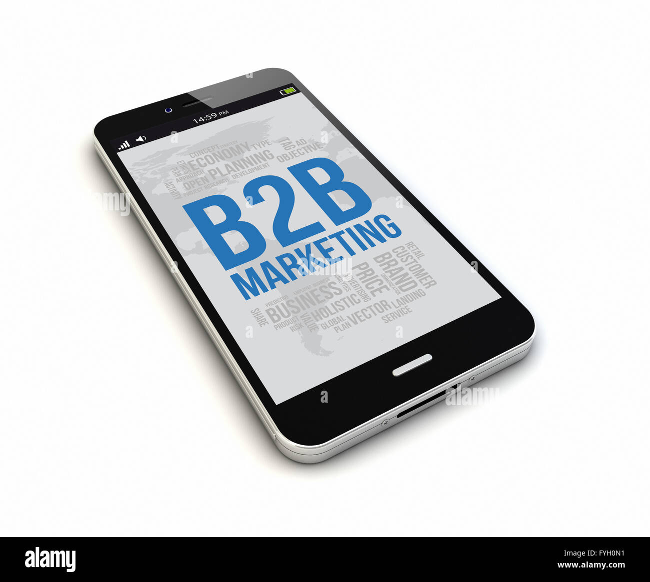 render of an original smartphone isolated with b2b marketing on the screen. Screen graphics are made up. Stock Photo