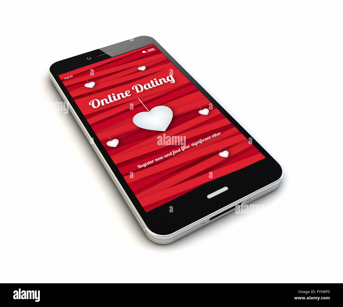 render of an original smartphone with online dating on the screen. Screen graphics are made up. Stock Photo