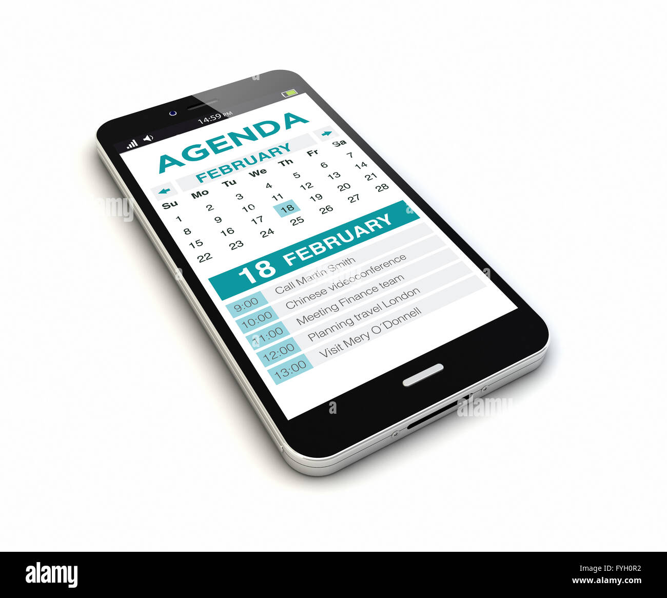 render of an original smartphone with agenda on the screen. Screen graphics are made up. Stock Photo