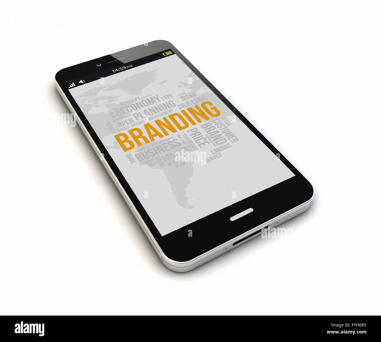 render of an original smartphone with mobile branding on the screen. Screen graphics are made up. Stock Photo